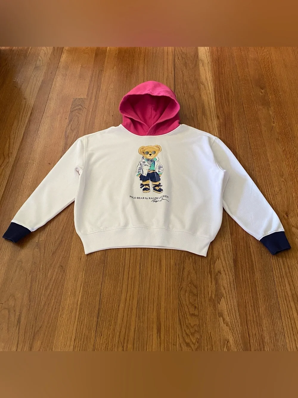 Ralph Lauren Fleece Hoodie with Pink Hood & Navy Cuffs - Polo Bear Graphic